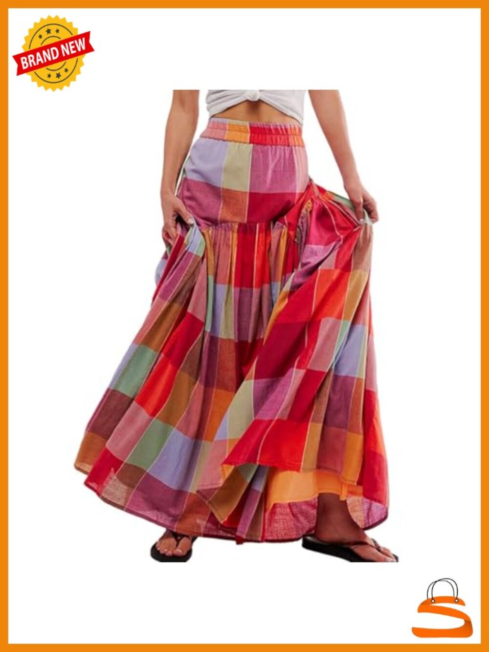 High Waisted Gingham Maxi Skirt Boho Pleated Long Skirt Summer
